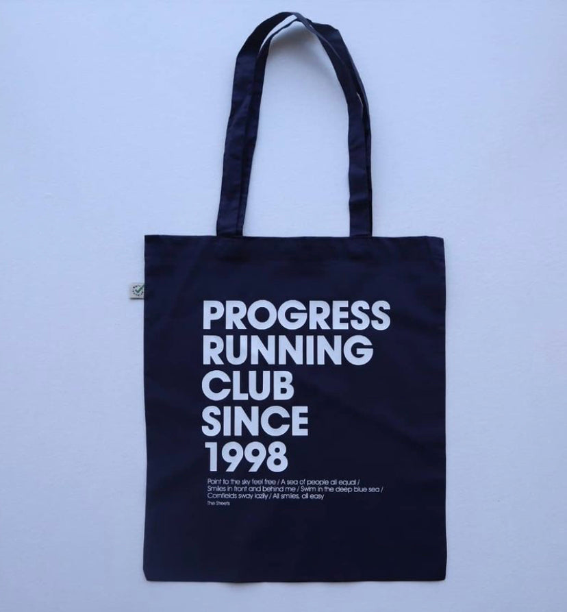 Organic cotton navy tote bag shopper from Progress Running Club running shoe bag