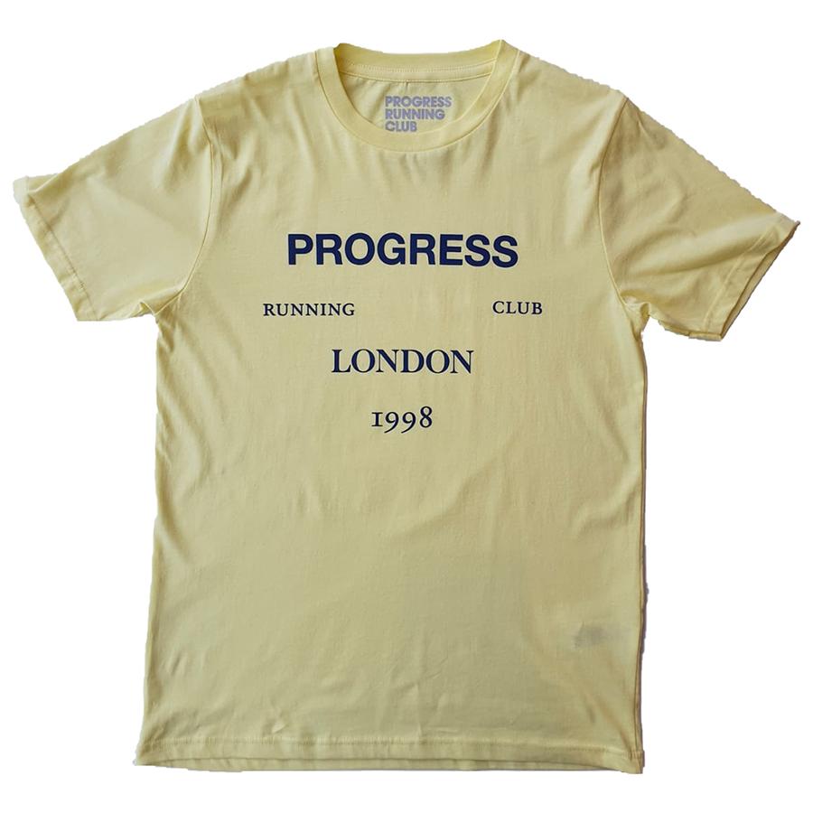 Progress Running Club Australia London organic tee shirt yellow