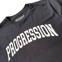 Load image into Gallery viewer, Progress Running Club premium organic tee shirt black progression close up
