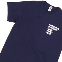 Load image into Gallery viewer, Organic cotton navy unisex graphic tee from Progress Running Club
